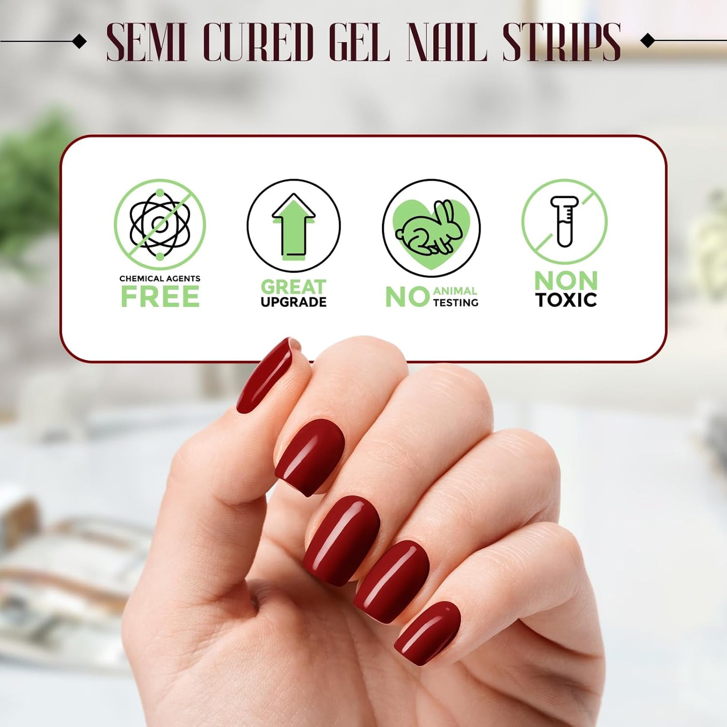 Gloss Nail Strips|Uv Free|22 Pcs,Gel Nail Stickers|Long Lasting Two Weeks and Easy to Apply&Remove|Burgundy