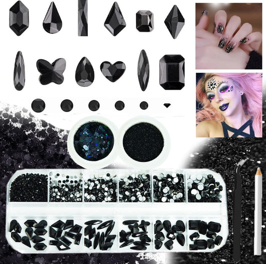 3 Boxes Black Nail Rhinestones with Fine Glitters Kit, 60Pcs Big Assorted Black Nail Gems with S6-S16 Flatback Round Stones,Crystals Nail Gem Stones for DIY Faces Body Crafts