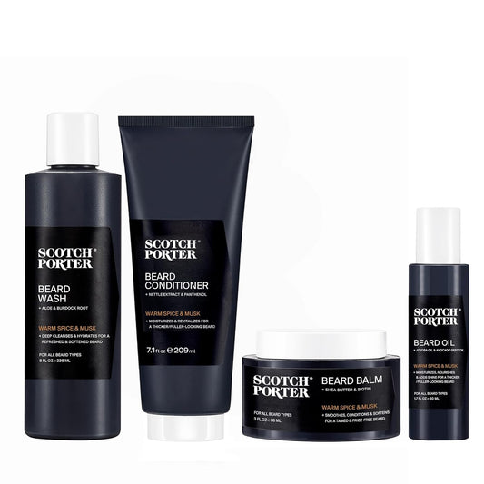 Scotch Porter Beard Collection – Cleanse, Moisturize, Soothe & Style Coarse, Dry Hair while Encouraging Growth for a Fuller/Healthier-Looking Beard – Includes Full-Size Wash, Conditioner, Oil & Balm