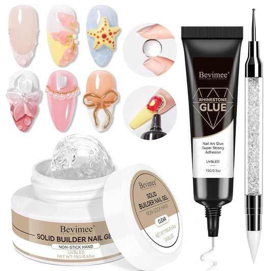 Solid Builder Gel and 15g Rhinestones Glue, Sculpting Gel for Nail Art Clear Non-Stick Hand For Modeling, Sculpture, Nails Extension UV/Led Manicure DIY At Home