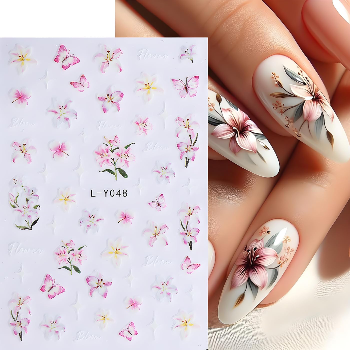 Flower Nail Art Stickers, Luminous Nail Art Decals 3D Self-Adhesive Flowers Fairy Butterfly Floral Leaf Nail Design 6PCS Luminous Nail Art Supplies for Women Nail Decoration
