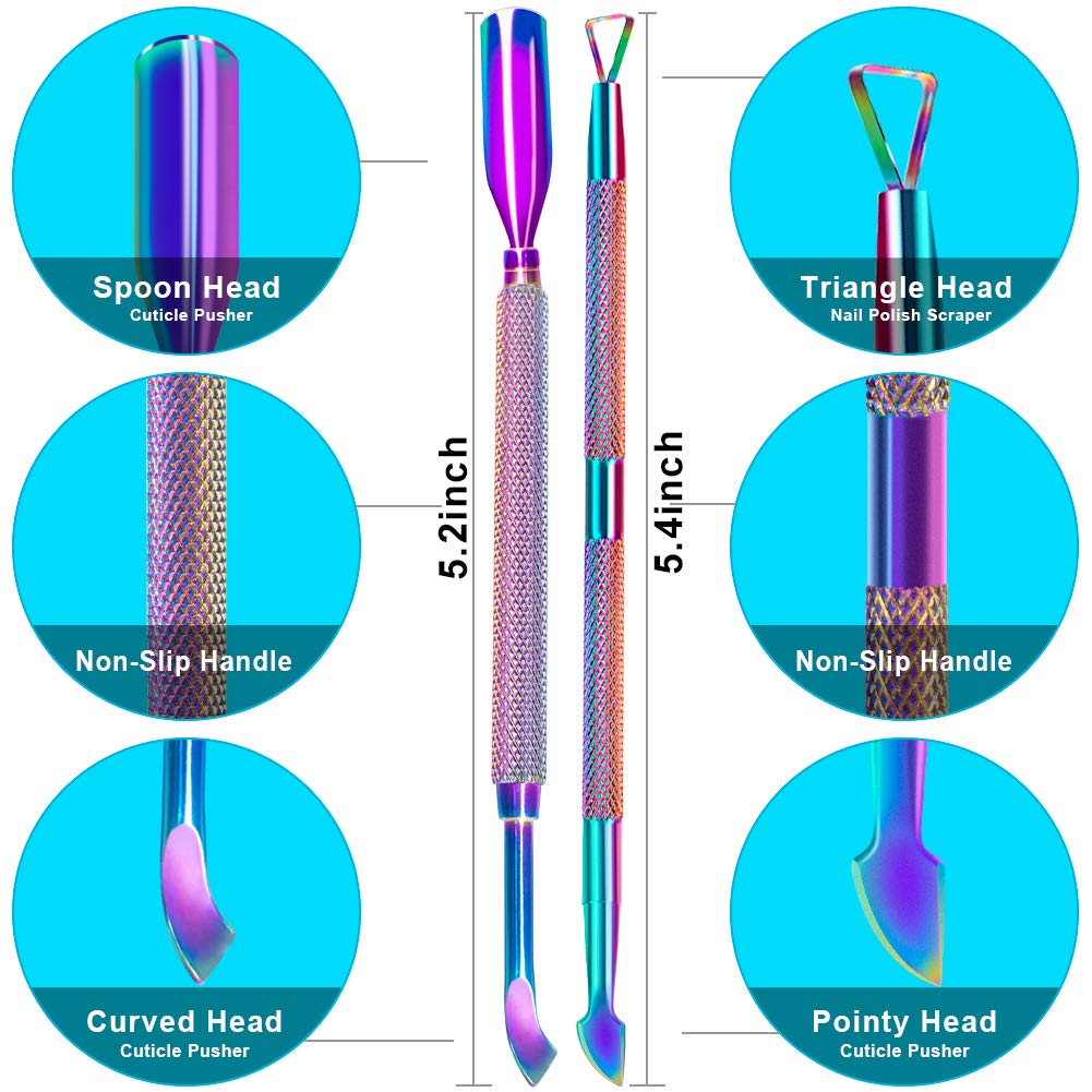 2PCS Metal Cuticle Pusher and Scraper (Chameleon/Rainbow), Colorful Nail Trimmer Cutter Stainless Steel Gel Scraper Tool, Polish Remover Peeler Salon Manicure Cleaner for Fingernail and Toenail