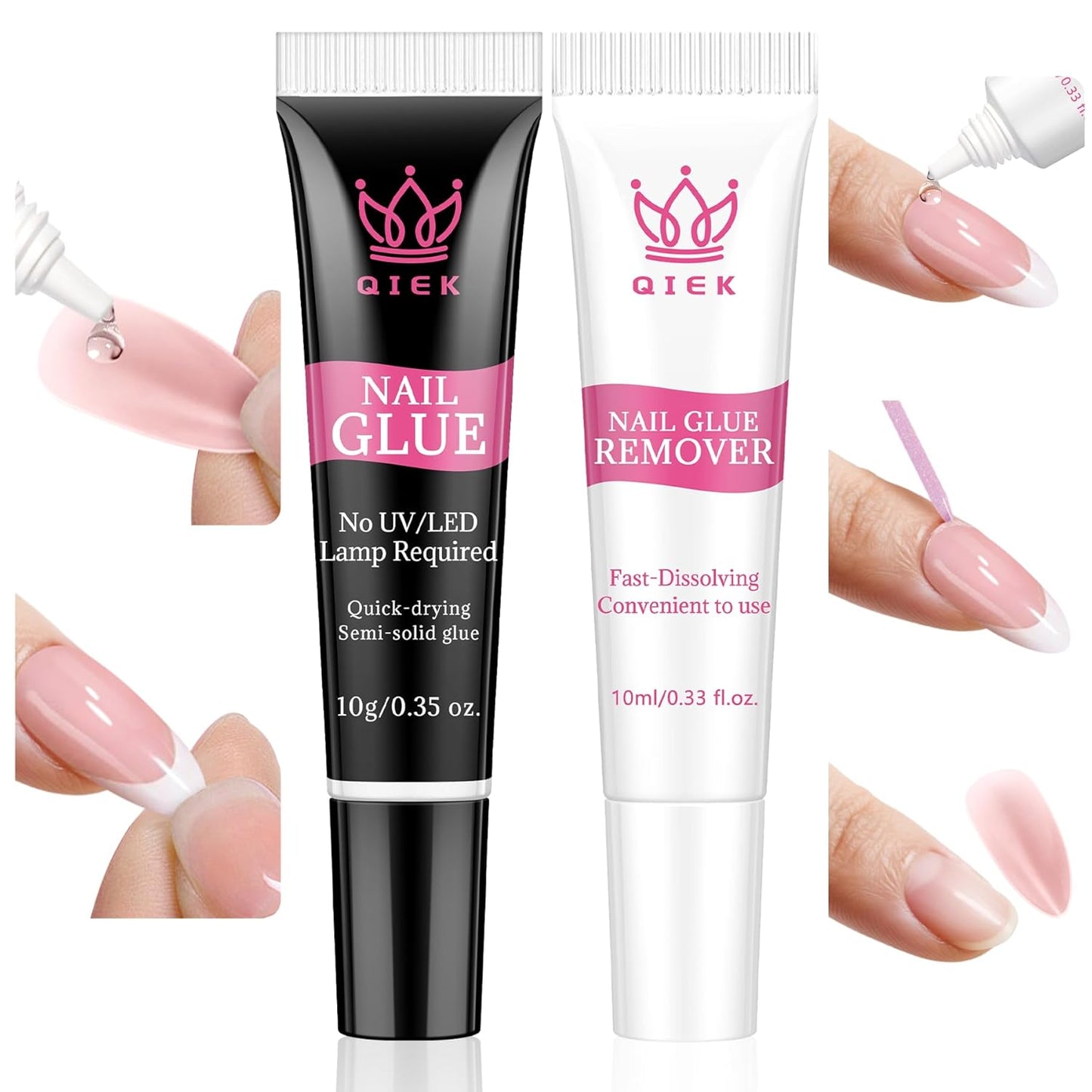 No-Lamp Nail Glue & Remover Set for Press Ons, 10ml Quick Dry 28 Days Super Strong Hold Glue on Nails, 10g Gentle Easy Removal with Tools Set for Beginner DIY Home, Not for Gel Polish Base Coat