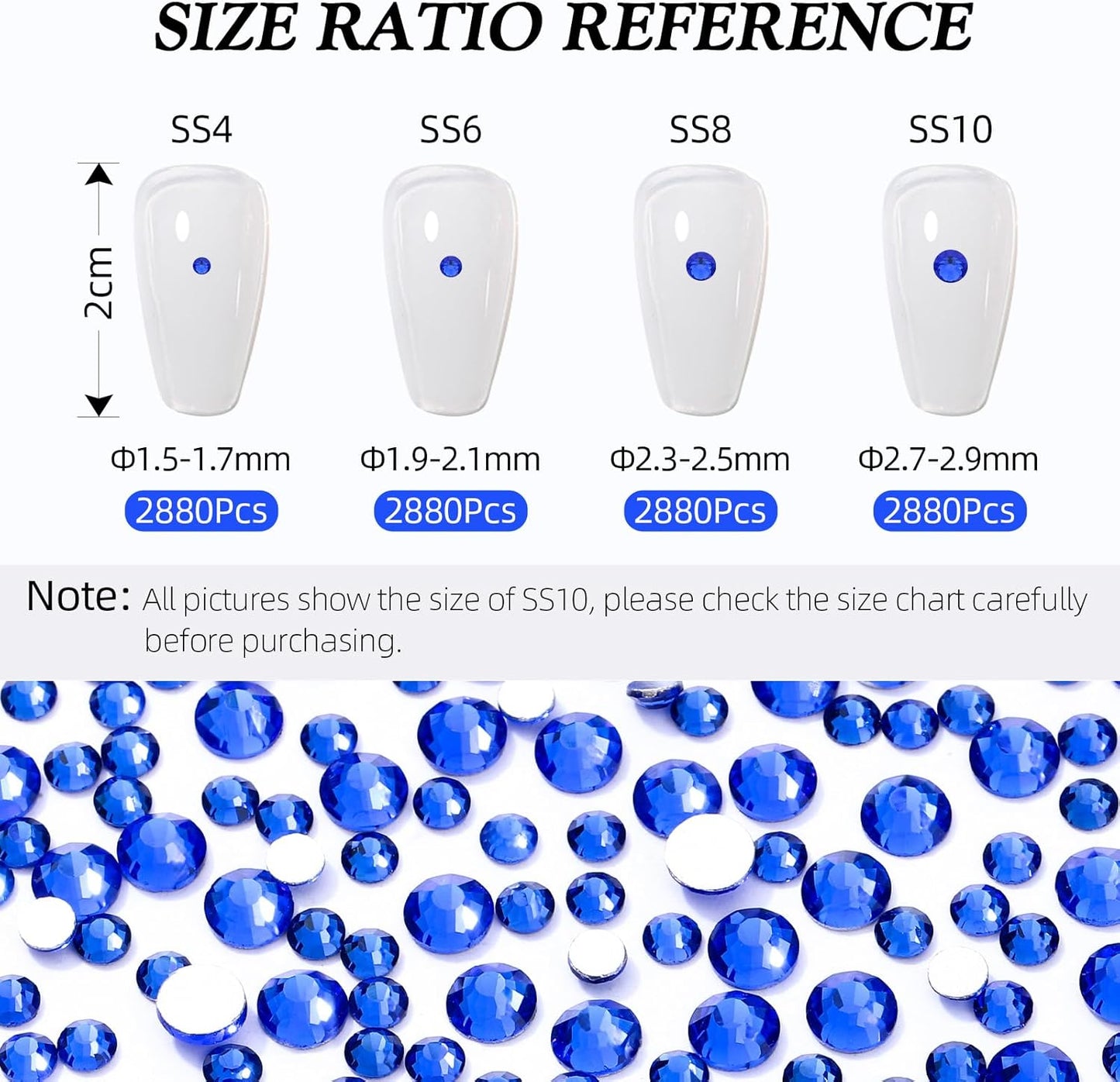 Sapphire Flatback Rhinestones, Glass Rhinestones for Nail Art and Craft, Glue Fix, Loose Crystal Gemstones(Blue, SS8, 2880pcs, 2.3-2.5mm)