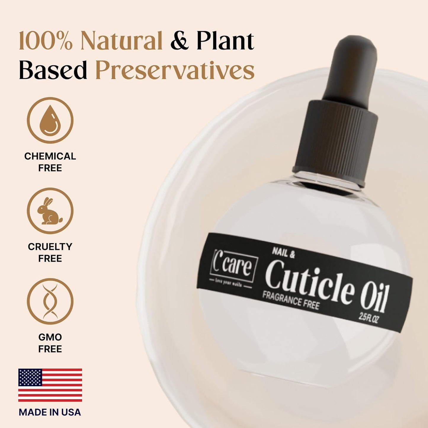 C CARE Fragrance Free Cuticle Oil For Nails - Repairs Cuticles Overnight - Moisturizes and Strengthens Nails and Cuticles - Dropper & Brush included - 2.5oz