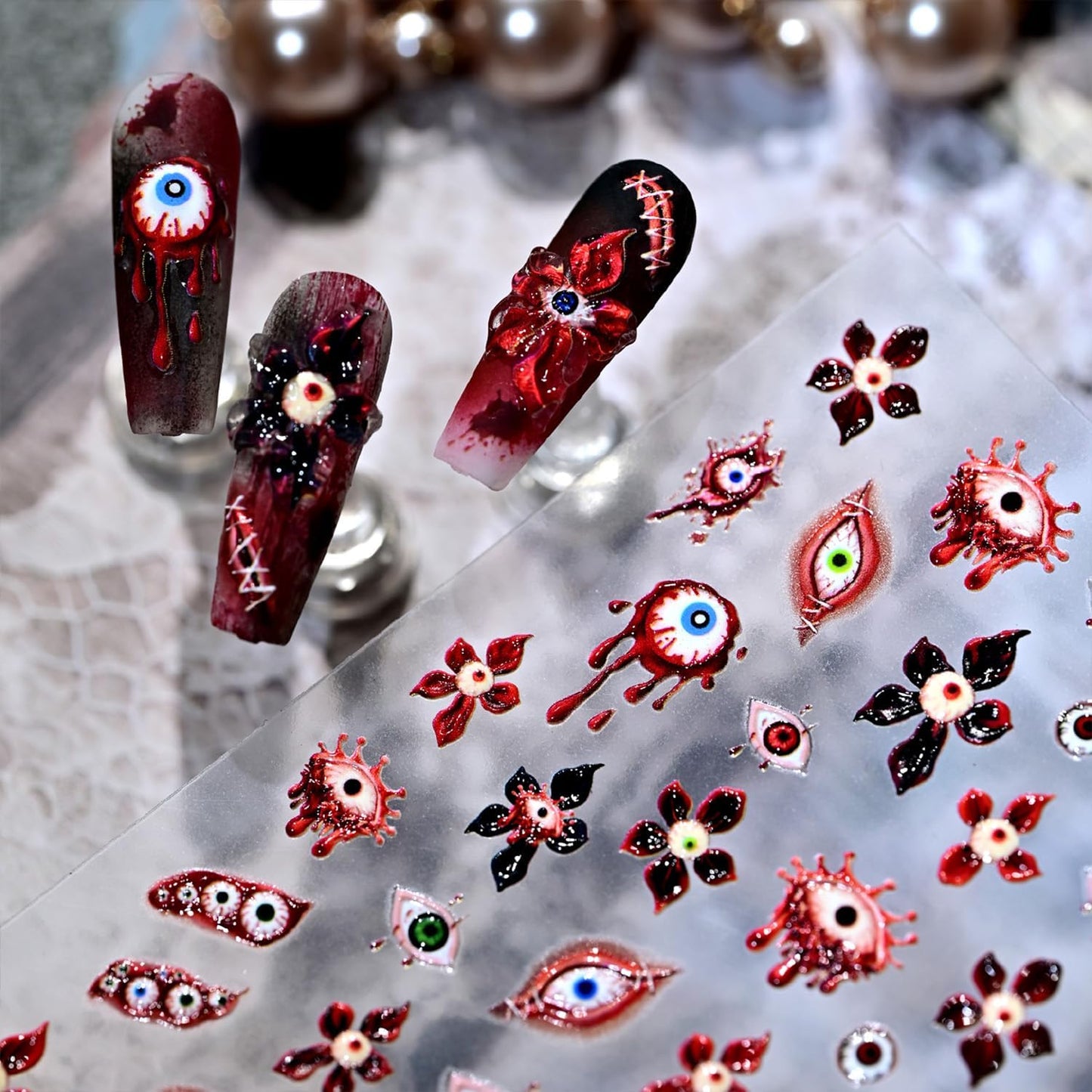 Halloween Nail Stickers for Nail Art Scary Eyeball Flower Nail Art Stickers Eye Scar Blood Red 5D Embossed Floral Nail Decals Self-Adhesive Nails Supply Manicure Sliders Devil for Nails Decoration