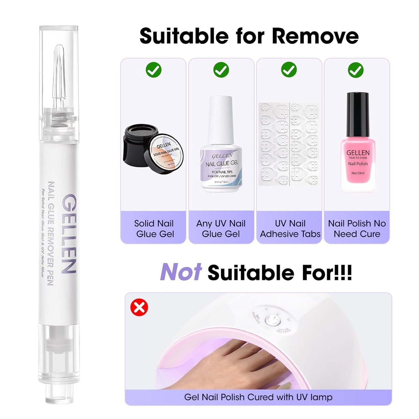 Gellen Nail Glue Remover 5 Pcs, Glue Remover Pen for Press on Nails, Non Acetone Press on Removal, 10s Quick Remove for Nail Tips Fake Nails Solid Glue Gel