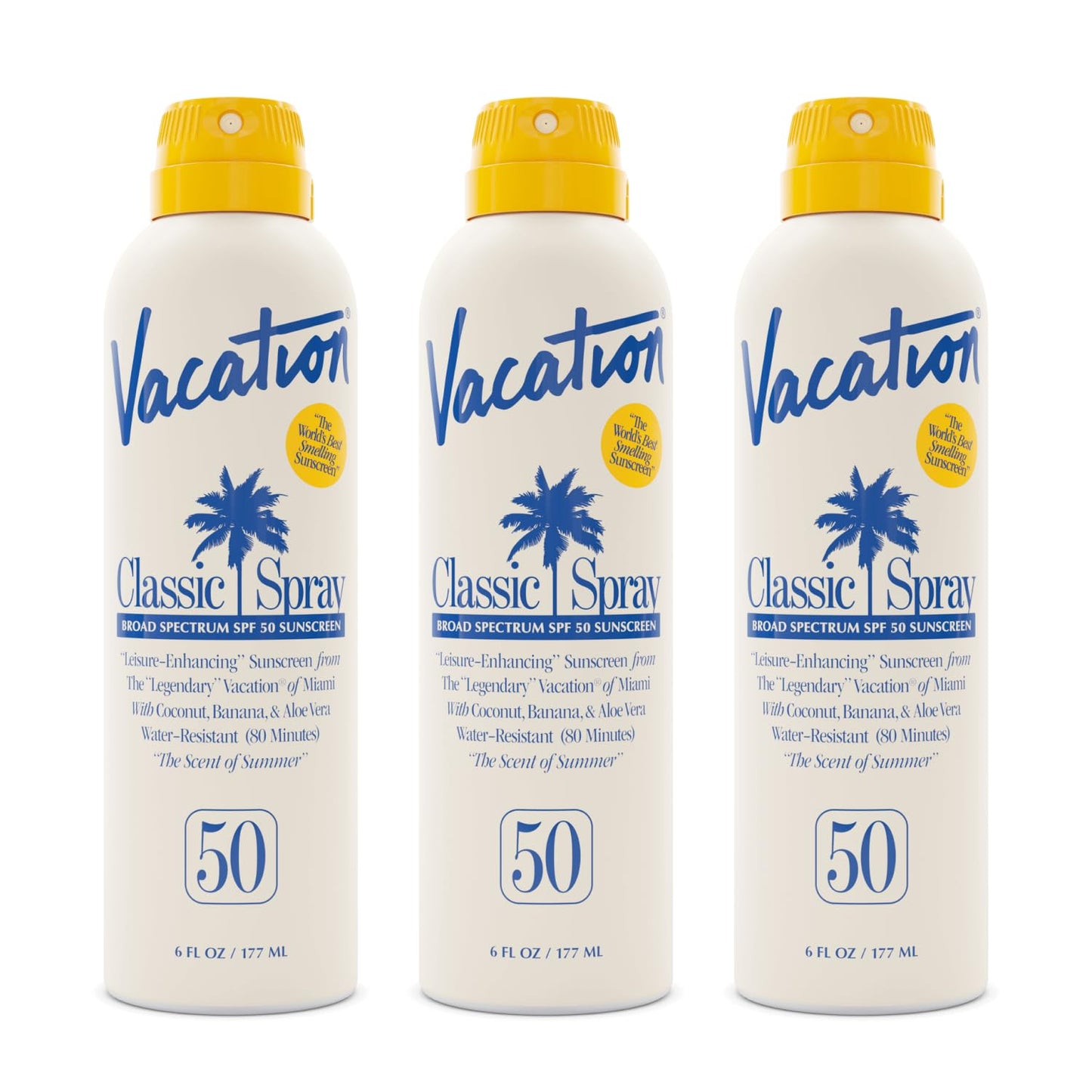 Vacation Classic Sunscreen Spray SPF 50, Water-Resistant, Lightweight, Transparent on All Skin Tones, Dermatologist-Tested, Vegan, 6 Fl. Oz. (Value Pack of 3)