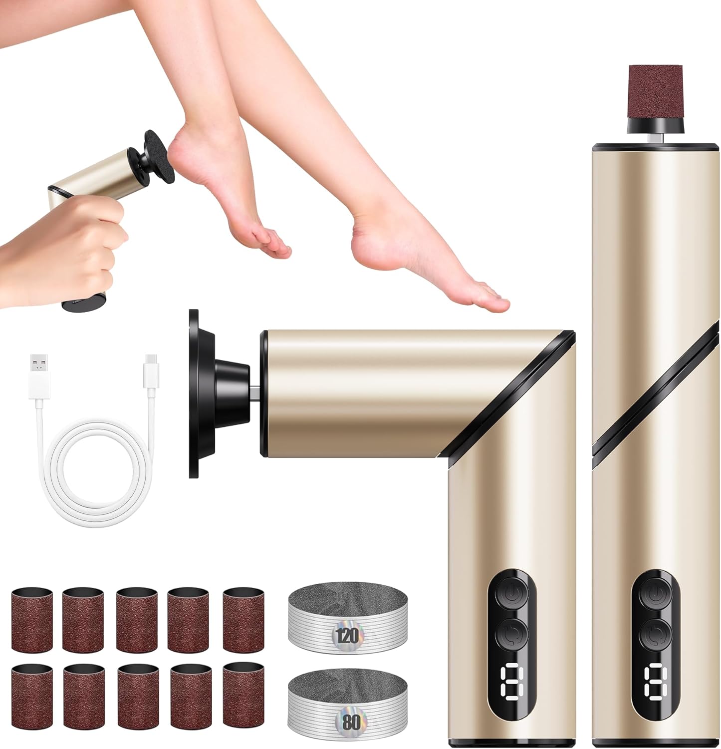 Electric Foot Callus Remover,2 in1 Rechargeable Callus Remover for Feet,9-Speed Wireless Electric Foot File Nail Grinder,Foot Scrubber Pedicure Tools for Dead Skin Dry Cracked Feet(Fold Gold)