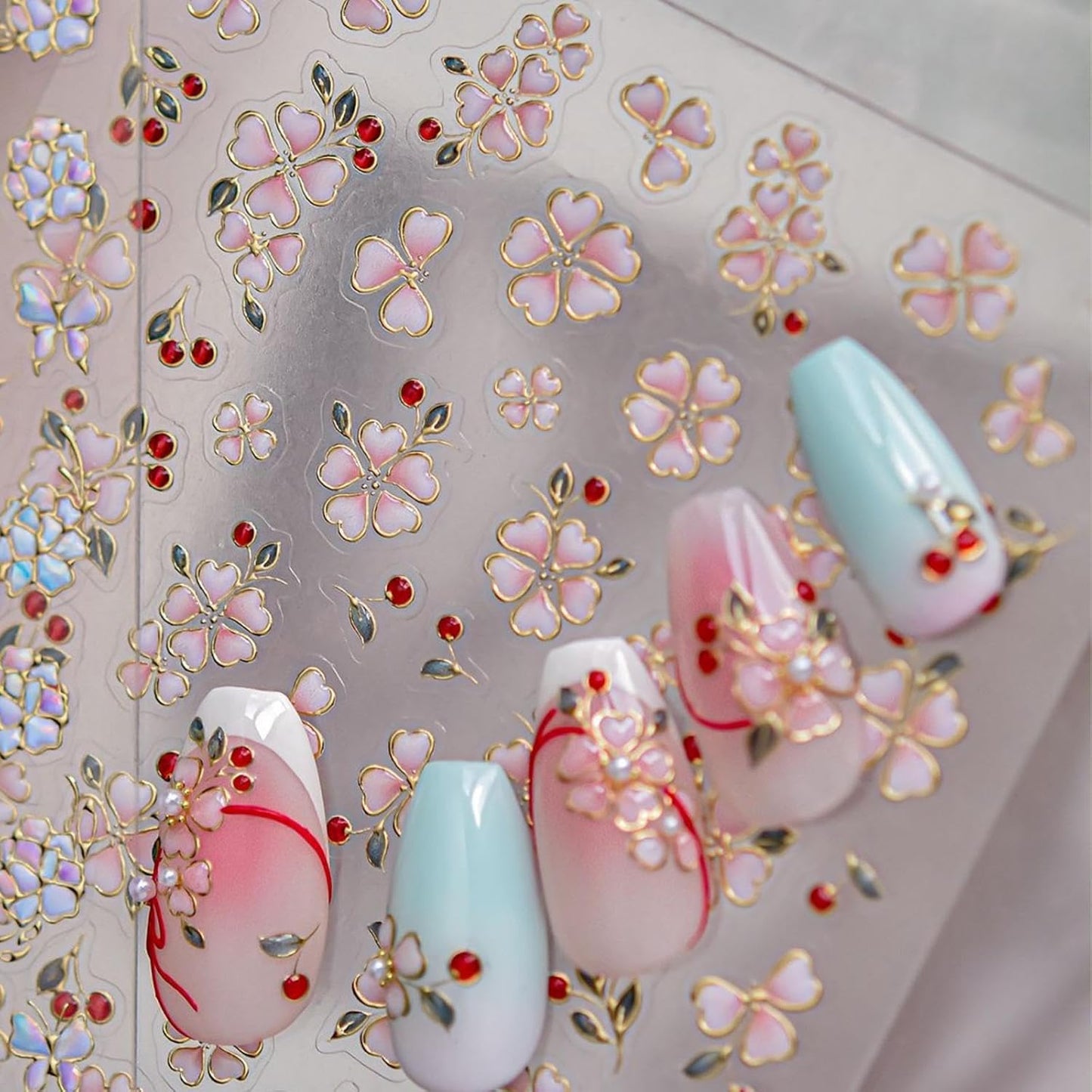 Flower Nail Stickers Pink Nail Art Stickers Jerry Nail Decals with Red Design Floral Nails Art Decals 5D Embossed Self Adhesive Nails Charms for Women Girls Manicure DIY Decoration Accessories