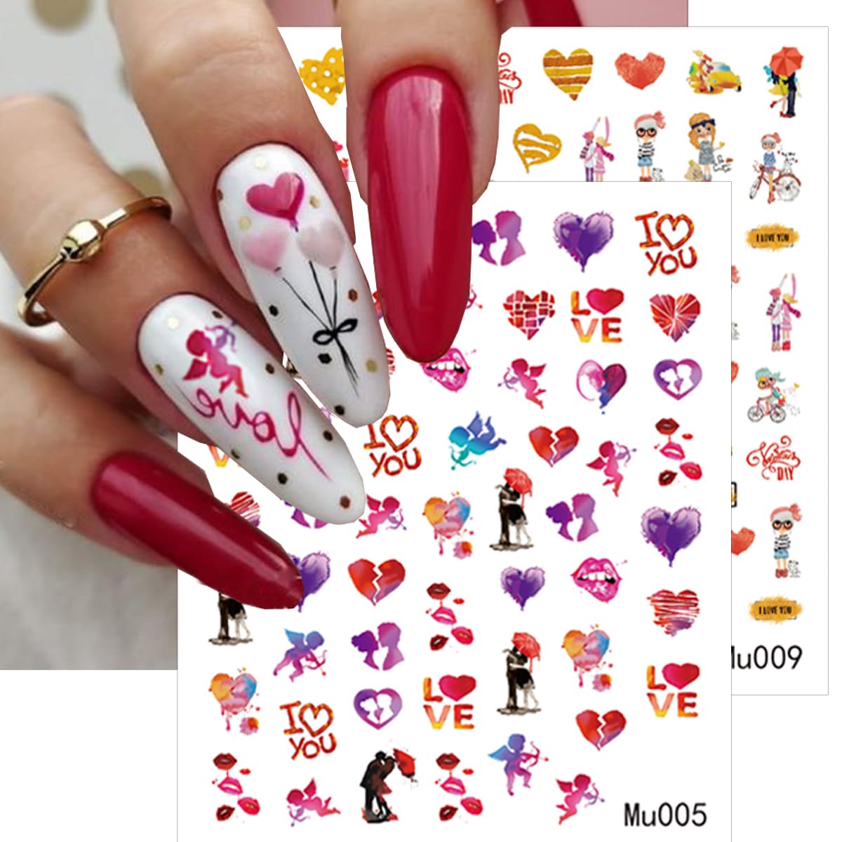 6 Sheets Valentine's Day Nail Art Stickers - Self-Adhesive 3D Heart Supplies, Sexy Lips, Romantic Red Love Letter Design Decals for Women Girl DIY Decoration