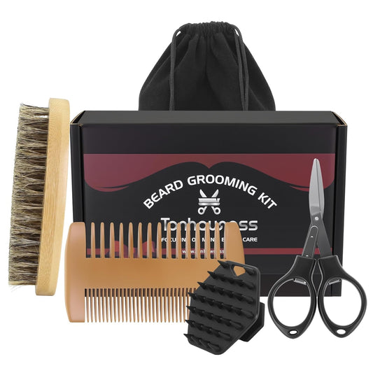 Beard Brush Beard Comb Set for Men, 5 in 1 Facial Hair Grooming Kit with Natural Boar Bristle Beard Brush, Wood Beard Comb, Silicone Soft Cleaning Brush and Mustache Scissors