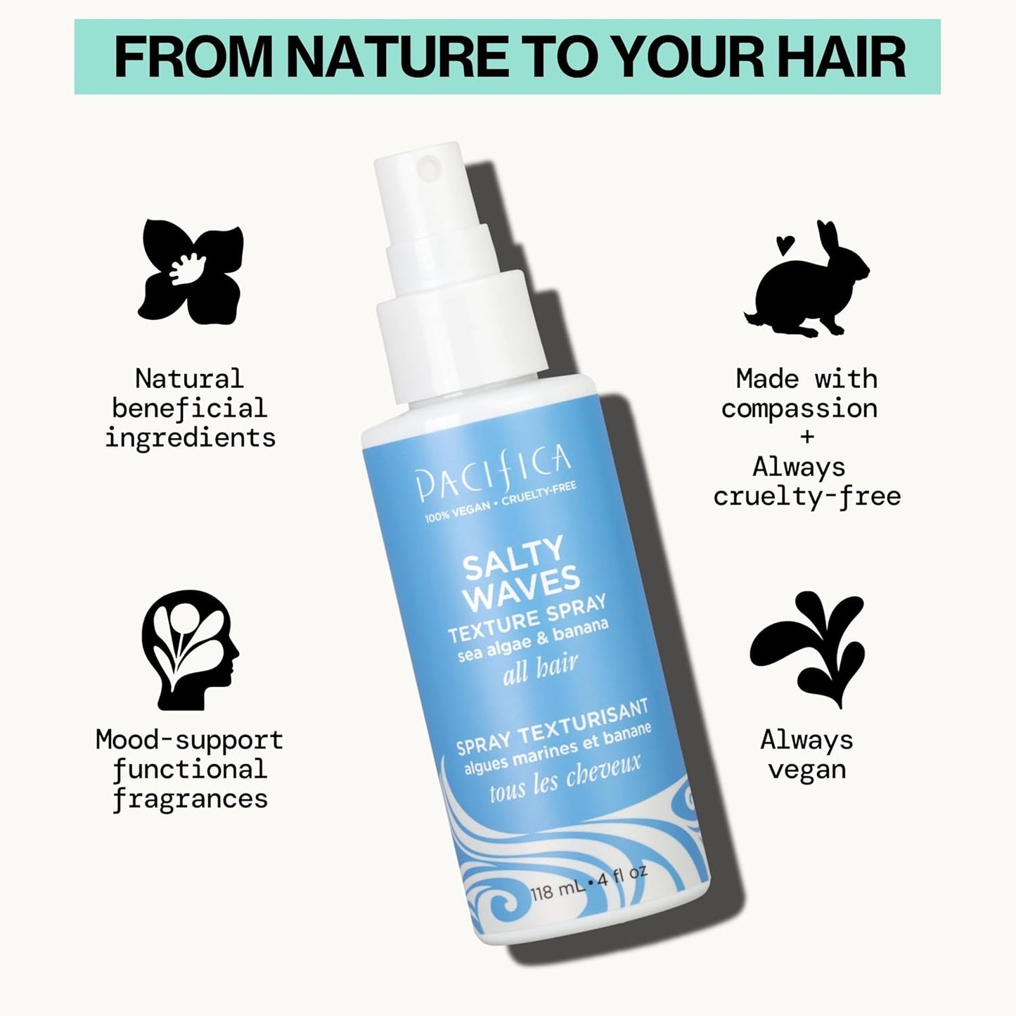 Pacifica Beauty, Salty Waves Texture Sea Salt Spray for Hair, Beachy Waves, Wavy Hair Products, Hydrating, Banana Scent, Curl Enhancing, Paraben Free, Sulfate Free, Vegan & Cruelty Free