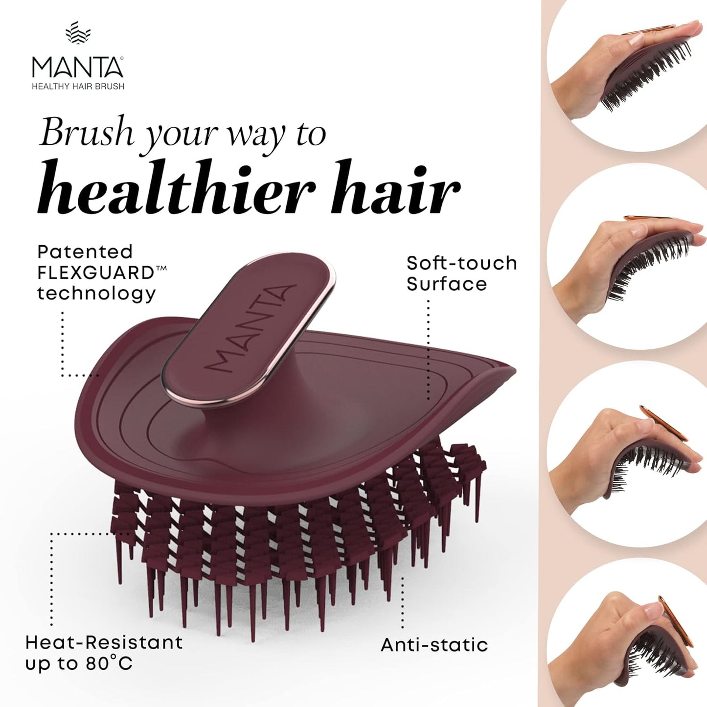 Manta Original Anti-Breakage Hairbrush – Gentle Detangling Brush for Wet & Dry Hair, Flexible Hairbrush for All Types, Healthy Hair Care for Women & Men, Burgundy