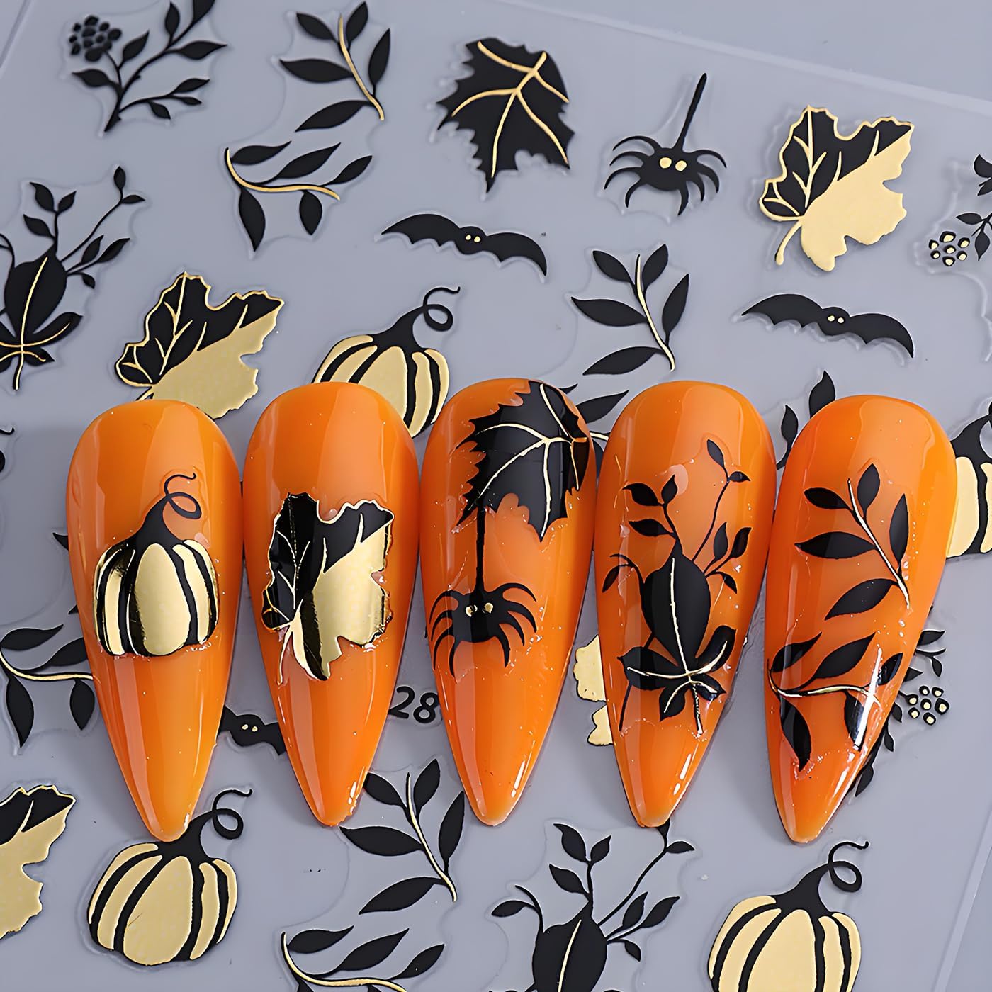 Halloween Nail Art Stickers, Glitter Pumpkin Ghost Nail Art Decals 3D Self-Adhesive Whit Gold Heart Spider Web Bat Black Leaf Nail Design 8Pcs Halloween Nail Art Supplies for Women Nail Decoration