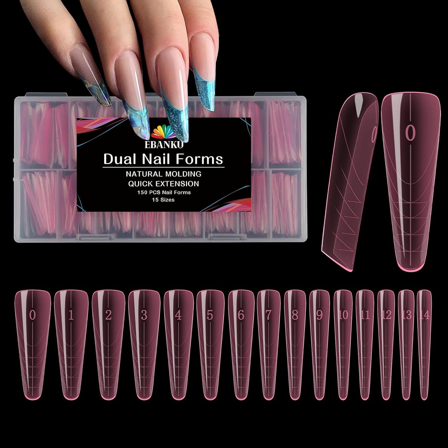 EBANKU Dual Nail Forms for Poly Extension Gel, 150 PCS Pink Nail Molds Reusable 15 Sizes Nail Extension Forms for Builder Gel Manicure Design Salon DIY