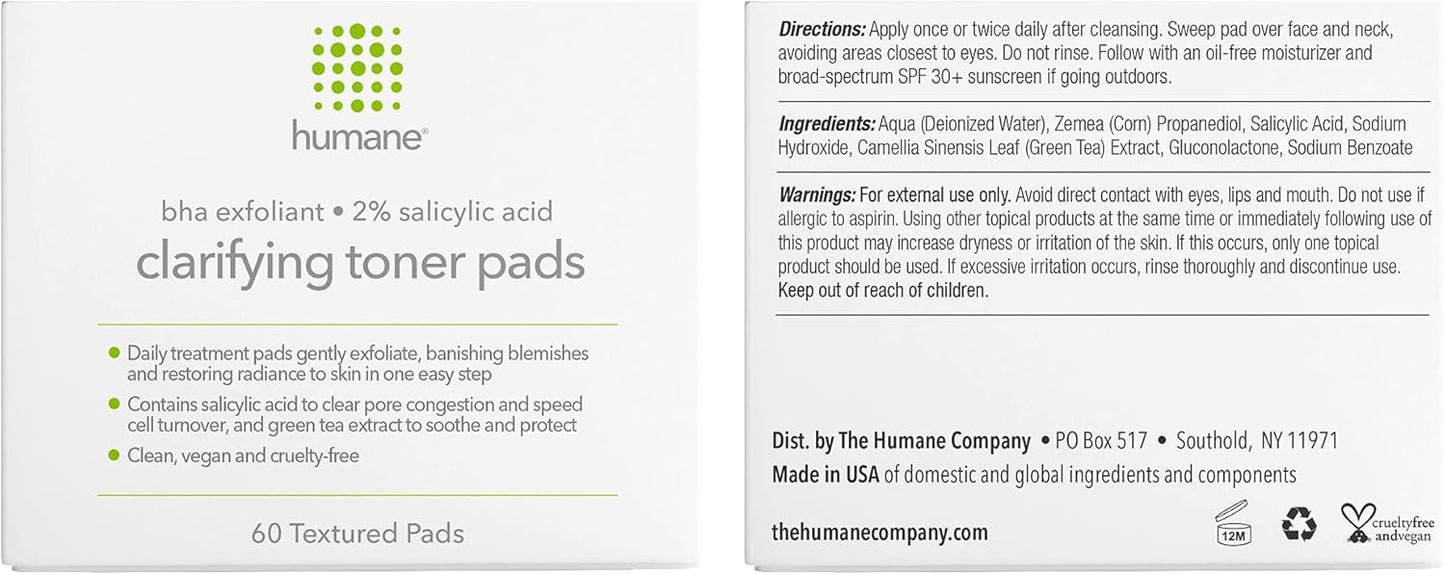 Humane Clarifying Toner Pads for Face - 2% BHA Liquid Salicylic Acid - Pore Minimizer and Facial Exfoliator - Gentle for All Skin Types - Removes Excess Oil, Dead Skin Cells, and Grime - 4 Ounce