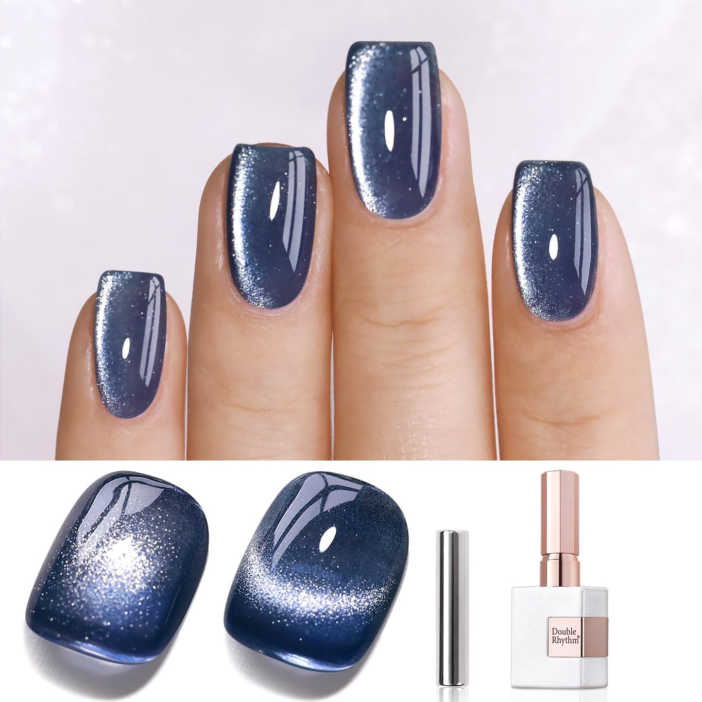 Double Rhythm 0.5 OZ Cat Eye Gel Polish with Magnet 15ML Holographic Glitter Shimmer Translucent Jelly Color Magnetic Polish Salon DIY at Home (Dark Blue-MC1044)