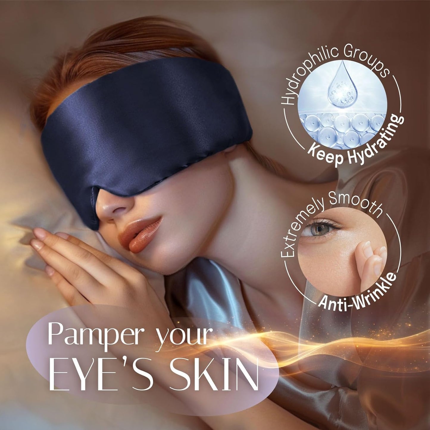 Silk Sleep Mask Soft Pressureless: 100% Mulberry Silk for Eye Skin Anti Wrinkles, Large Size for Total Blackout, Adjustable Wide Velcro Ear Cover