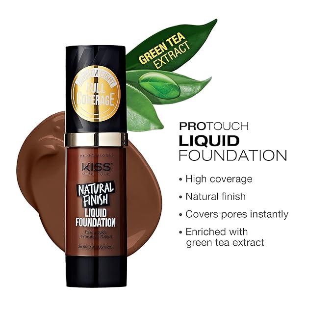 Kiss New York Professional Liquid Foundation - Lightweight and Hydrating Formula, Natural Finish, Control Shine, Cover Pores, Medium to Full Coverage, Green Tea Extract (Cognac)