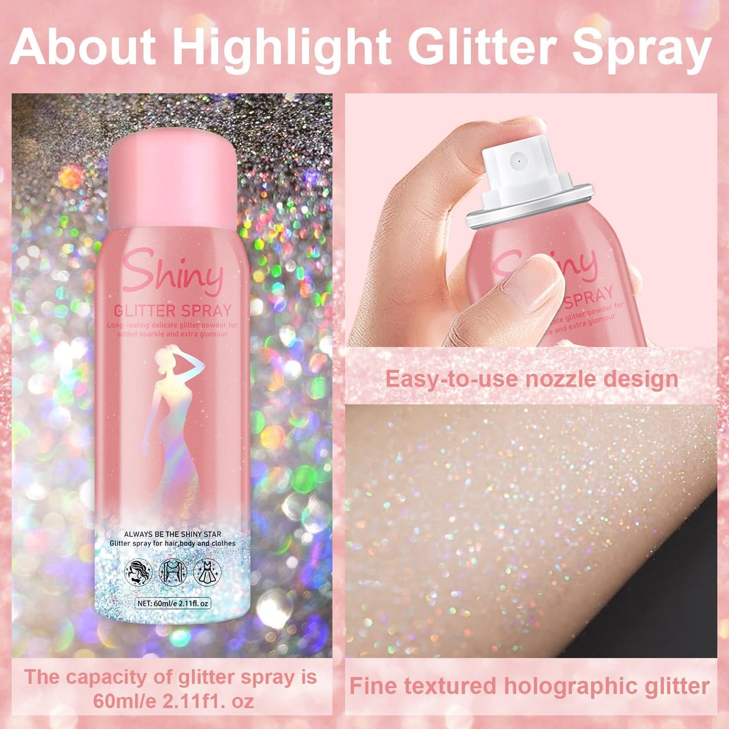 Hair and Body Glitter Spray, Holographic Glitter Highlighter Powder, Hairspray for Clothes, Face Body Shiny Glitter, Loose Shimmer Hairspray Festival Rave Prom Accessories, 2.11 Fl Oz (Rainy-Rainbow)