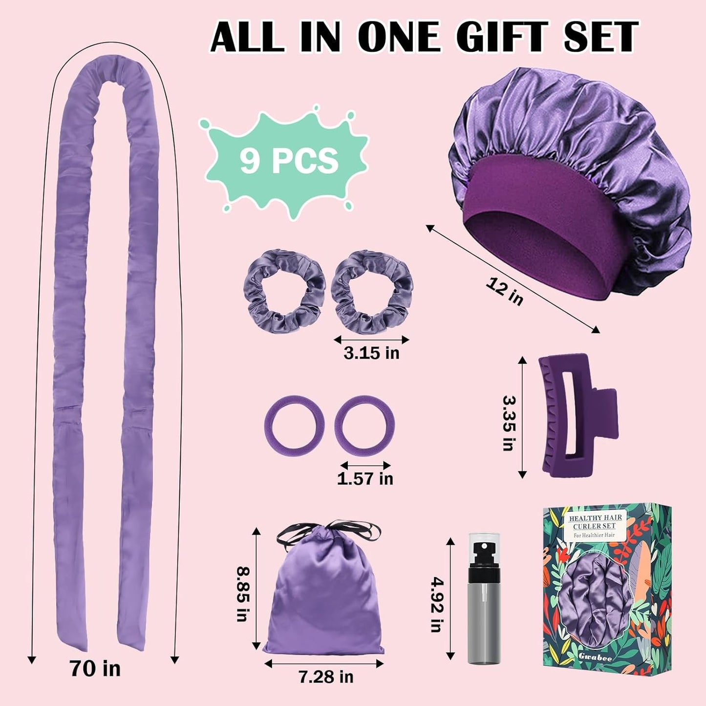 Satin Heatless Curls Overnight Hair Curlers to Sleep In Hair Curler Rollers No Heat Hair Wrap for Curls Headband, 70" Satin Heatless Curling Rod Set for Women Long Waves Hair Volume-Purple 9PCS