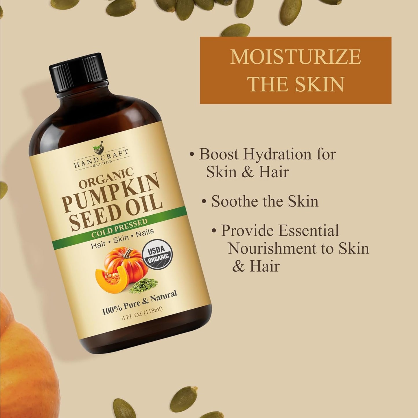 Handcraft Blends Cold-Pressed Organic Pumpkin Seed Oil in Glass Bottle - 4 Fl Oz - 100% Pure and Natural - Premium Grade Carrier Oil for Hair, Skin, Nails, and Body - Massage - Aromatherapy