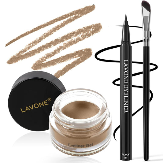 LAVONE Eyeliner Set - Waterproof Makeup Kit with Liquid eyeliner Pencil, Gel Eyeliner & Angled Eye liner Brush, Waterproof, Smudge Resistant, Long Lasting Formula - Taupe
