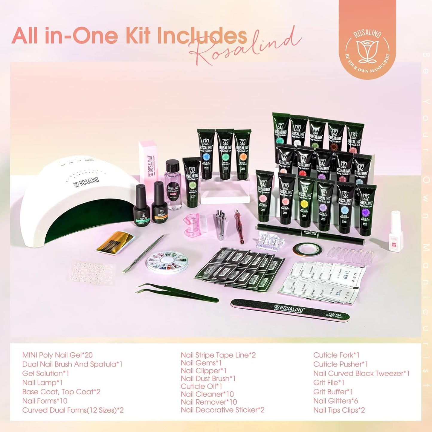 ROSALIND 20PCS Poly Nail Gel Kit with Nail Lamp White Brown Poly Nails Gel Kit Clear Nude Nail Extensions Gel Set With UV Lamp