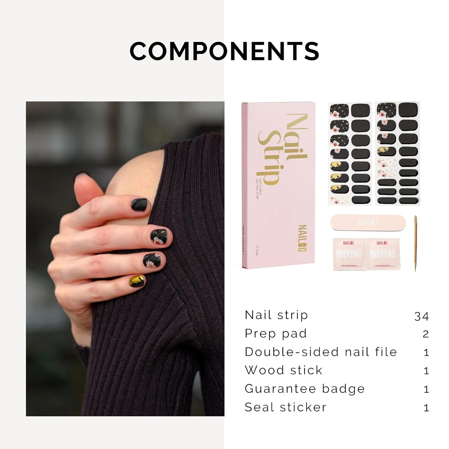 NAILOG Semi Cured Gel Nail Strips, 34 pcs Salon-Quality Gel Nail Stickers, Long Lasting Nail Wraps for Women with Soft Gel Finish | Geisha