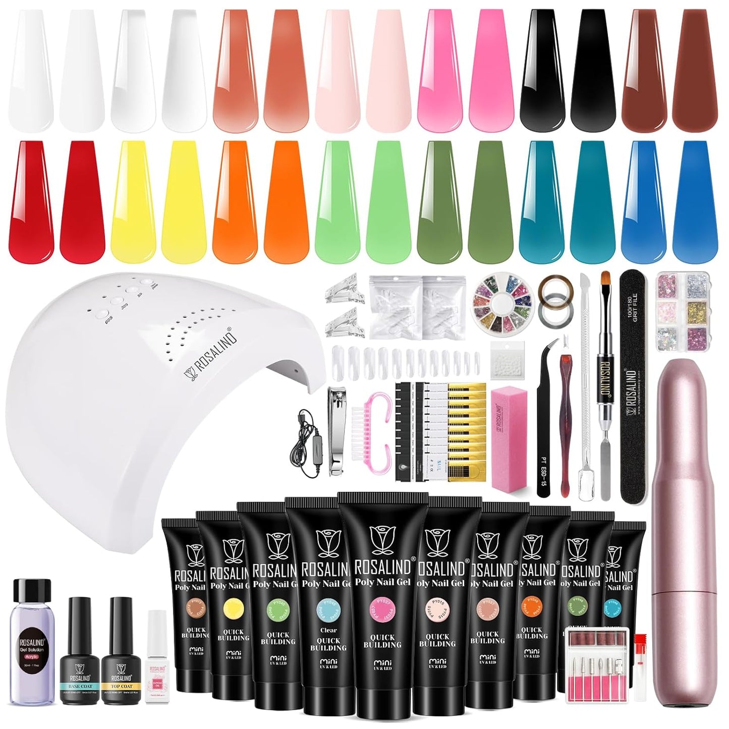 Poly Nail Gel Starter Kit -14 Colors + 75 Nail Art Accessories Kit, ROSALIND Neon Poly Extension Gel with Big UV Light 48W and Electric Nail Drill Starter Kit with Everything