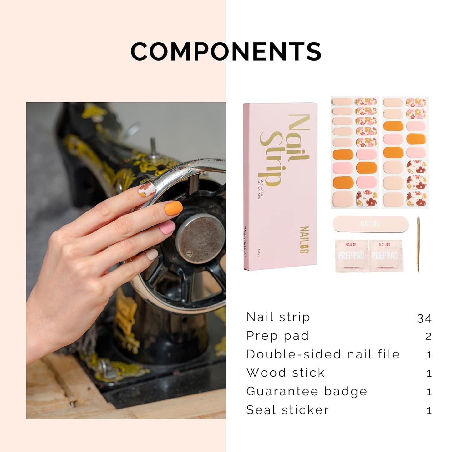 NAILOG Semi Cured Gel Nail Strips, 34 pcs Salon-Quality Stickers, Long Lasting Wraps with Soft Gel Finish | Waltz of The Flowers