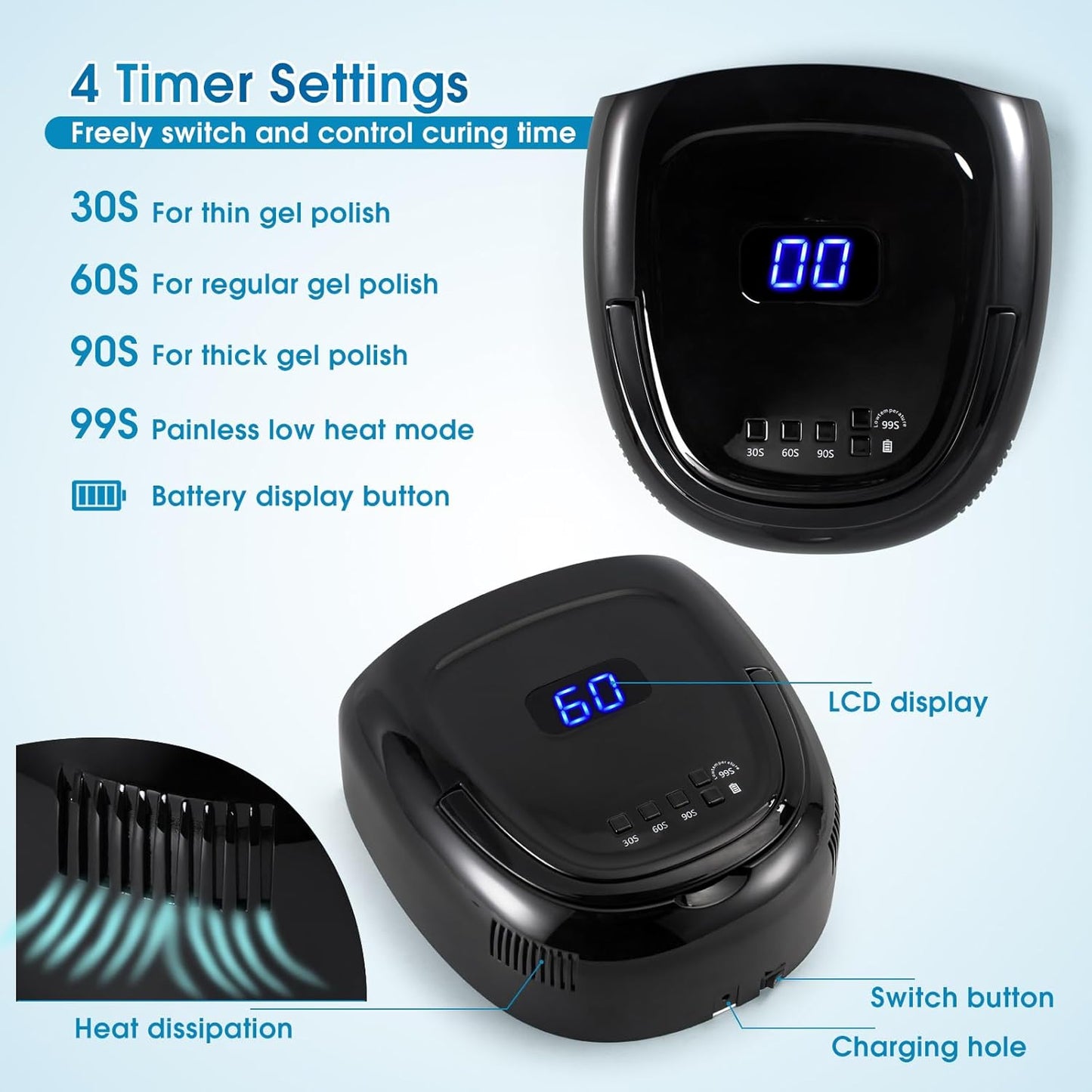 60W Rechargeable LED Nail Lamp, Cordless Gel Lamp with Portable Handle & 42pcs Lamp Beads, Automatic Sensor UV LED Nail Dryer, 4 Timers Professional UV Light for Gel Nails