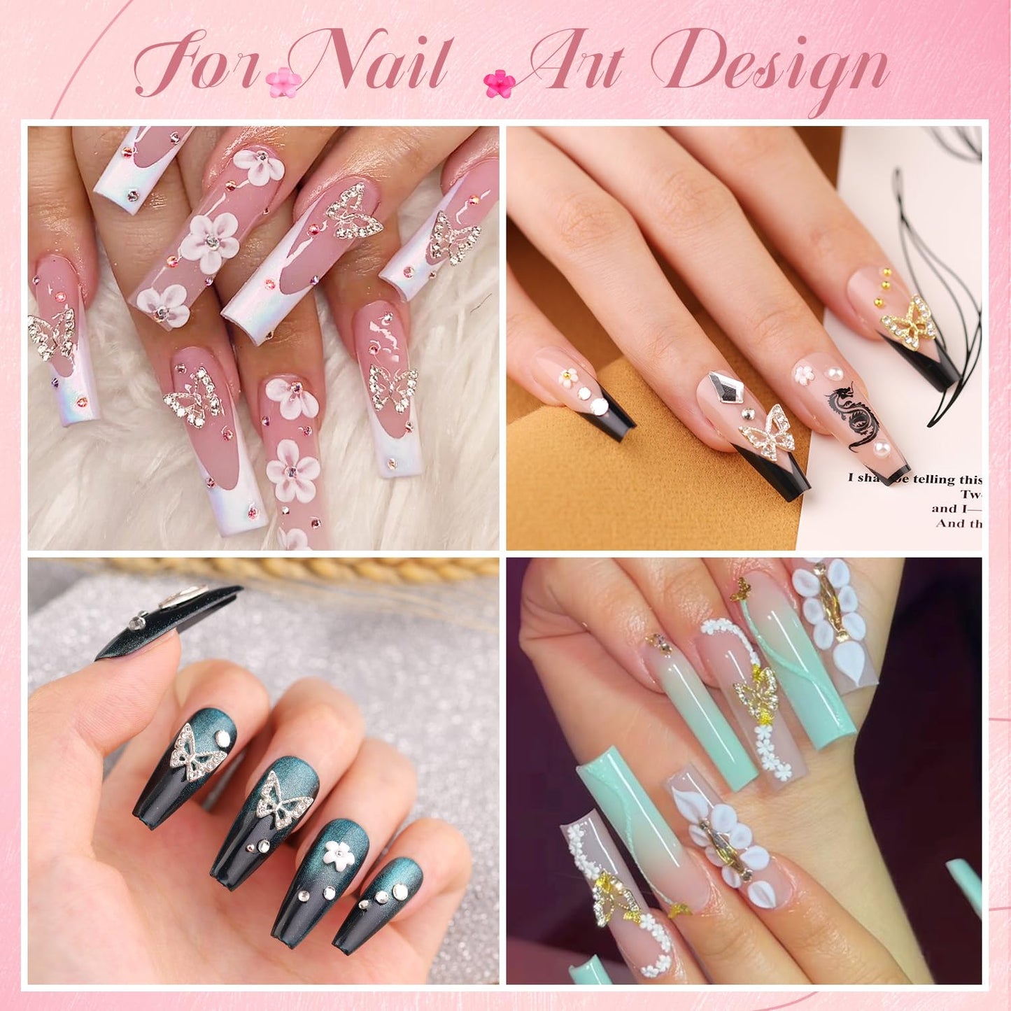 3D Nail Charms and Gems Set 12 with Rhinestone Glue, 10PCS Gold and Silver Chunky Butterfly Nail Charms, 3D Flowers for Nails, Flatback Crystals and Pearls + Picker Tool for Y2K Nail Decor