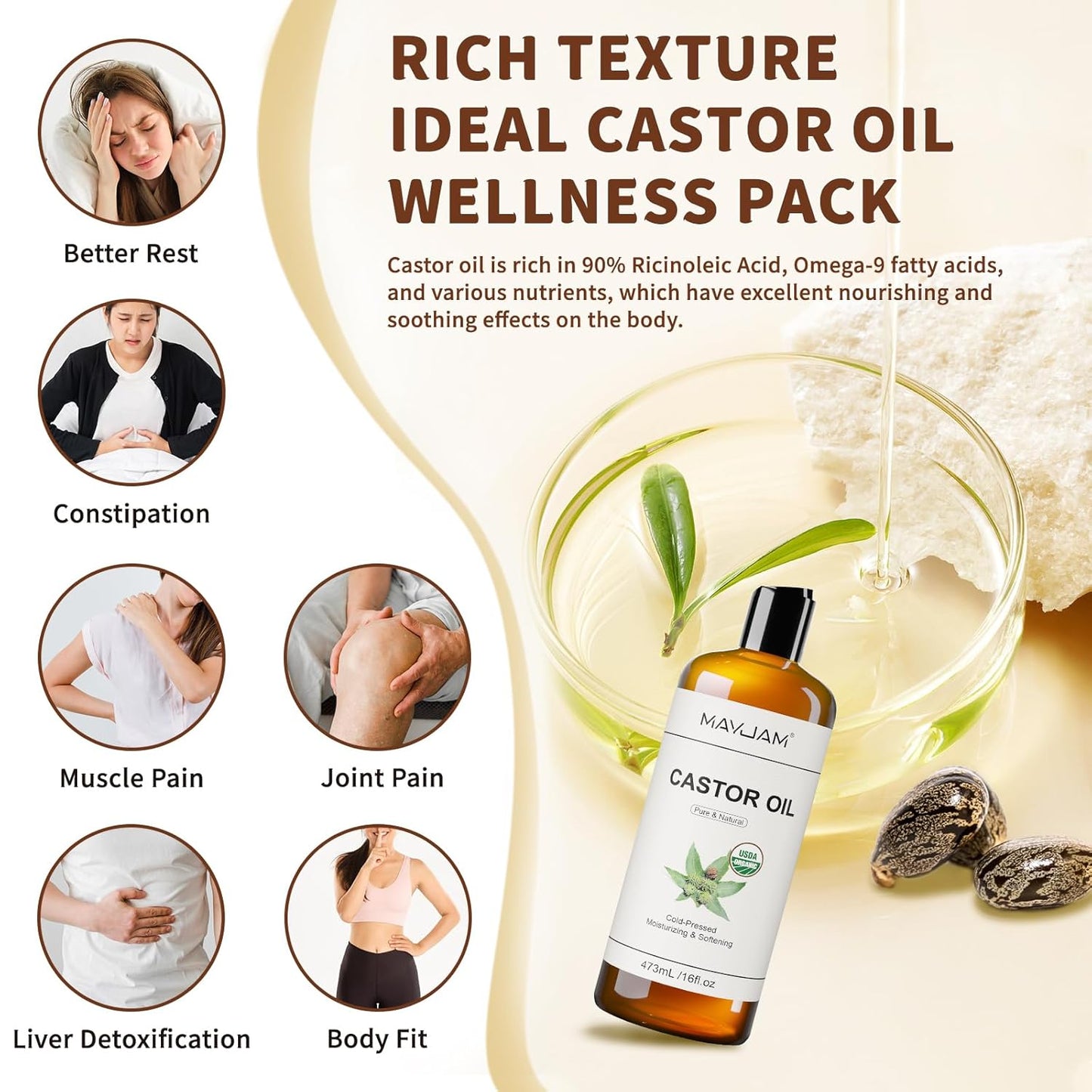 Organic Castor Oil 16 oz, 100% Pure Cold Pressed Castor Oils for Hair Growth, Eyebrows, Eyelash, USDA Certified Castor Carrier Oil for Body, Skin & Face Moisturizer, Hexane-Free