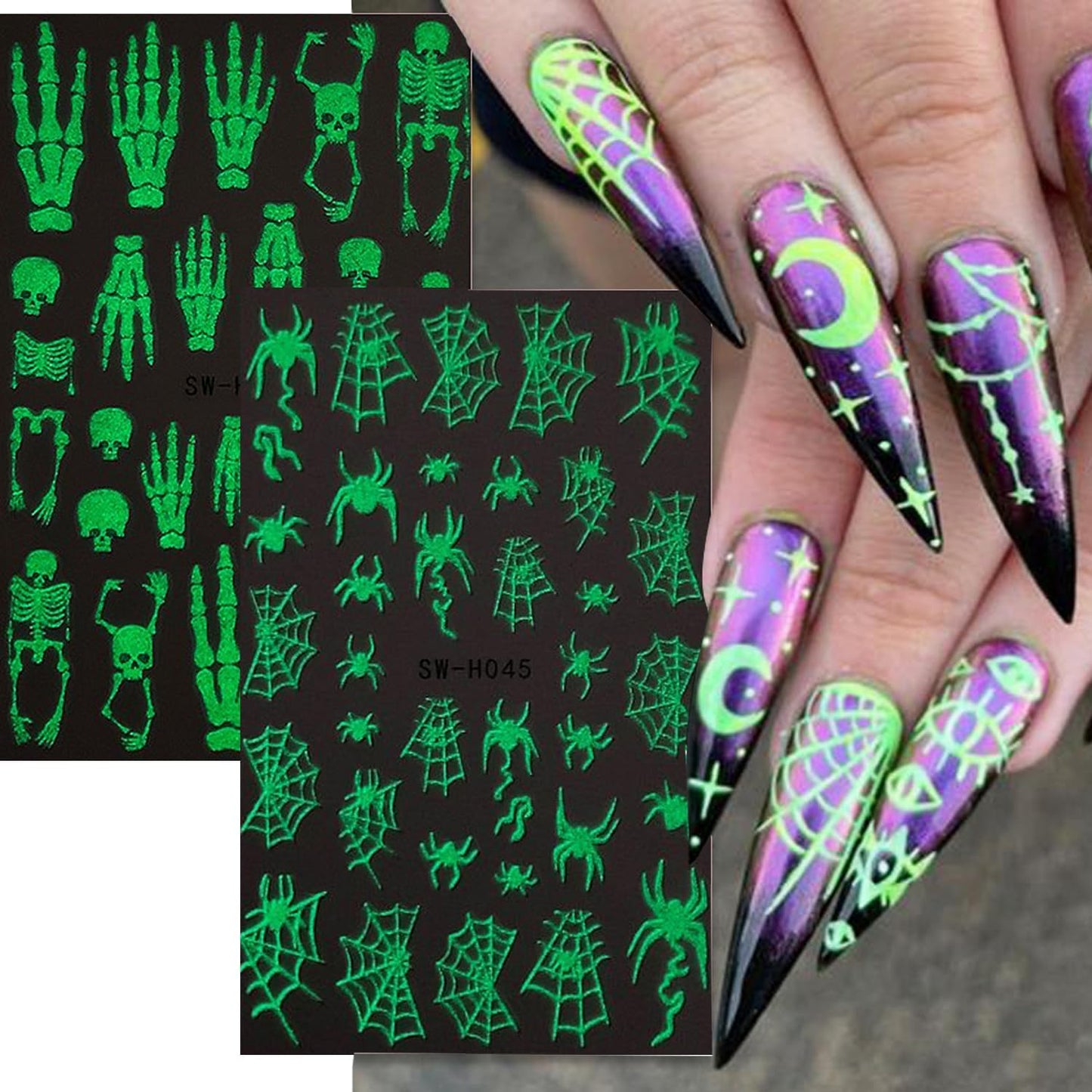 6 Sheets Halloween Nail Art Stickers 3D Self -Adhesive Luminous Skeleton Head and Hand Nail Decals Holographic Spider Web Snake Nail Stickers Halloween Nail Decoration for Women Manicure Supplies