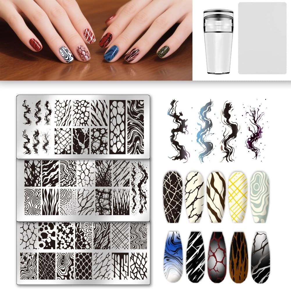 UNICRAFTALE 3Pcs Nail Stamp Plates Set Marble Striped Nail Art Stamping Template Texture Stamping Plate Image Nail Stencils Nail Art Plates with Nail Scraper for Women DIY Print Manicure Salon Design