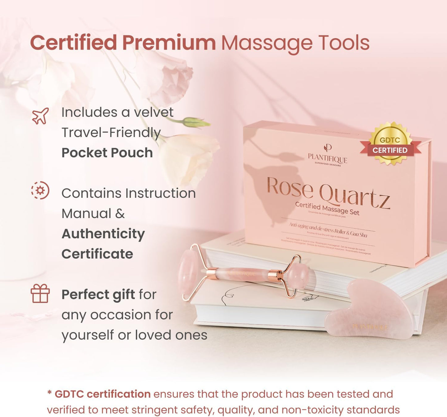 PLANTIFIQUE Face Roller and Gua Sha Rose Quartz Certified | Gifts | Guasha Tool for Face | Jawline Shaper | Your Skin Care Routine