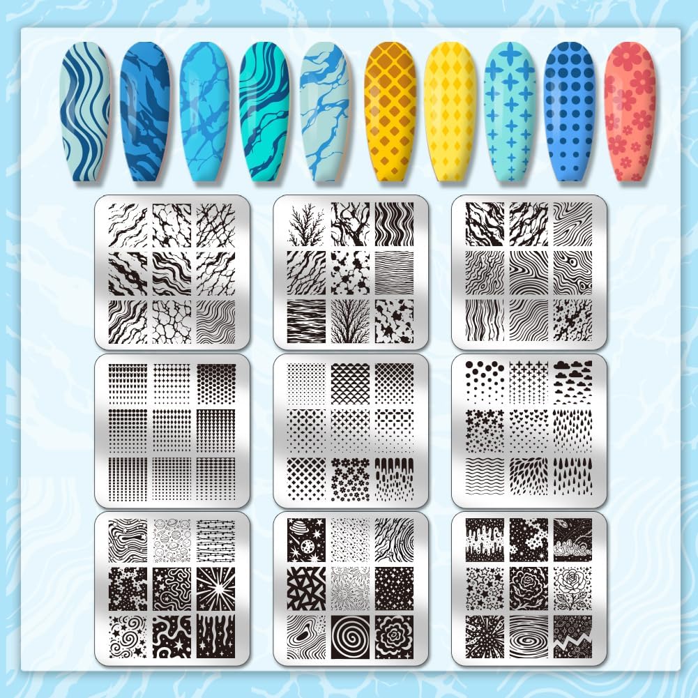 PH PandaHall 9pcs Marble Texture Nail Stamping Plates Line Graffiti Nail Art Designs Gradient Pattern Manicure Art Templates with Stamper and Scraper for Women DIY Manicures Salon Printing
