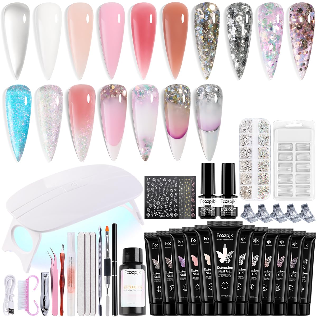 Poly Nail Gel Kit with UV Light, 12 Colors Clear Nude Pink Iridescent Glitter Extension Gel Builder Gel Starter Kit Base Top Coat Set Slip Solution Nail Gel Kit for Beginners with Everything