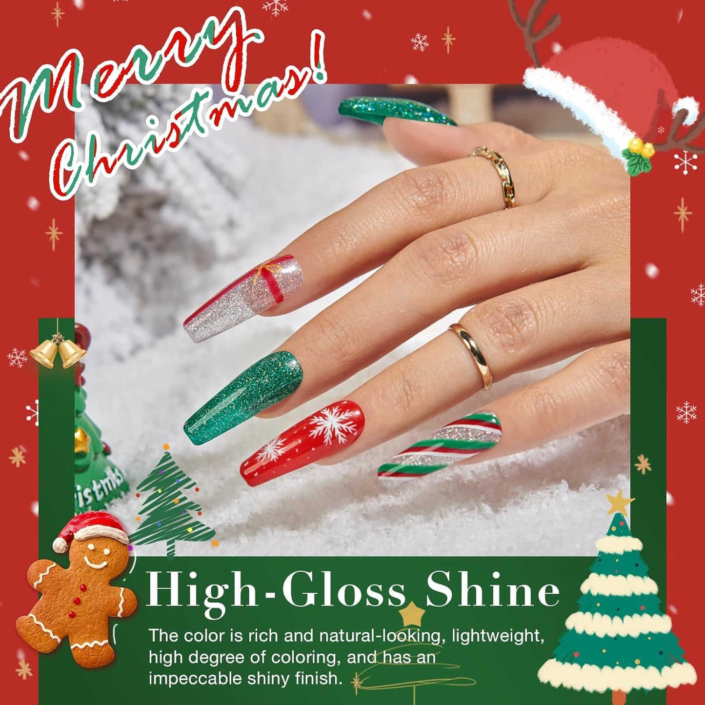 AZUREBEAUTY Christmas Dip Powder Nail Kit Green Red Glitter Silver 12 Pcs Acrylic Dip Powder Liquid Set with Base/Top Coat Activator for French Nail Art Manicure Home Holiday Gifts Set