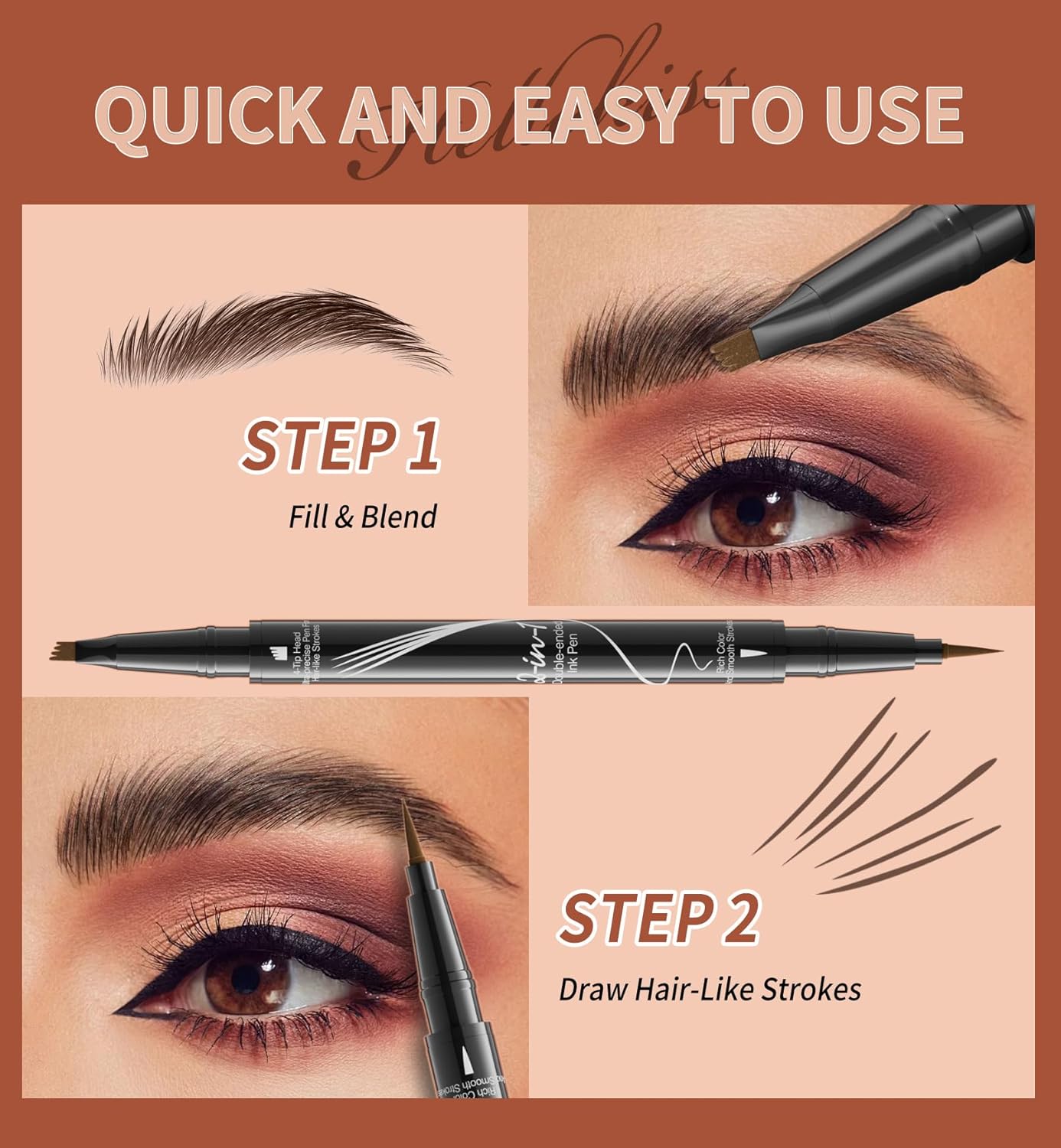 4-Fork Tip Microblading Eyebrow Pen - 2-in-1 Waterproof Eyebrow Pencil, Long-Lasting Natural Hair-Like Brows, Smudge-Proof & Easy to Use (01#Light Brown)