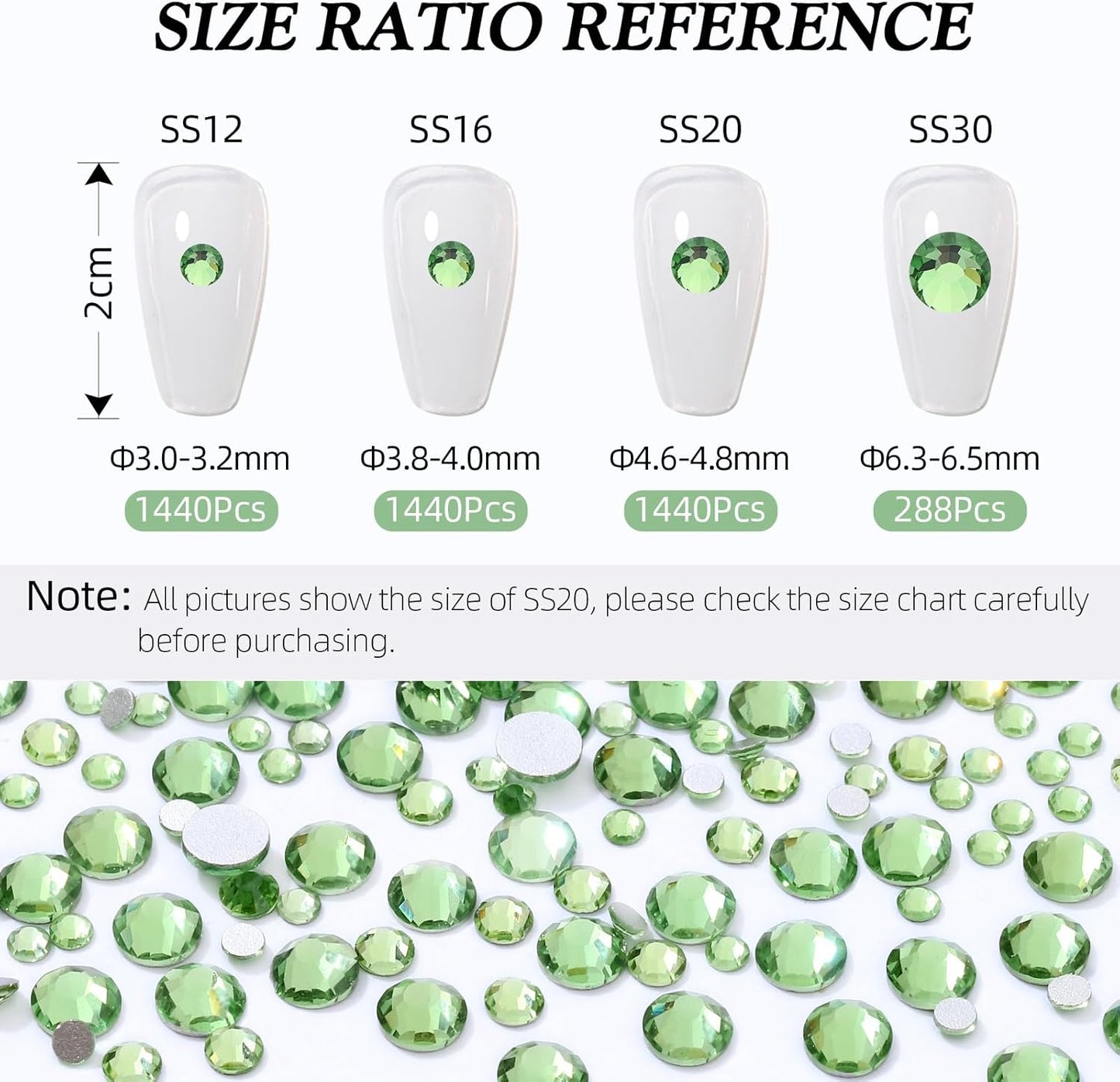Light Green Flatback Rhinestones, Glass Rhinestones for Nail Art and Craft, Glue Fix, Loose Crystal Gemstones(Lt.Green, SS20, 1440pcs, 4.6-4.8mm)