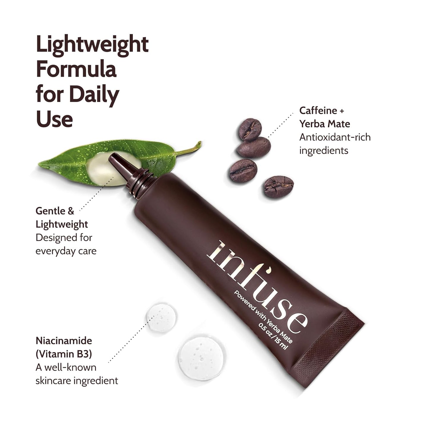 Infuse Eye Cream for Dark Circles with Good Molecules and Hyaluronic Acid Serum, Reduces Puffiness, Fine Lines, Antioxidant-Rich Yerba Mate for Day & Night Use, Ideal for Middle-Aged Women