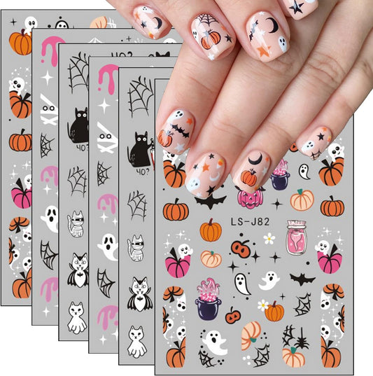 Halloween Nail Art Stickers Decals 6 Sheets Fall Scary Ghost Skull Fire Nail Decoration 3D Self-Adhesive Cute Pumpkin The Day of Dead Spider Web Acrylic Nail Supplies for Women Girls