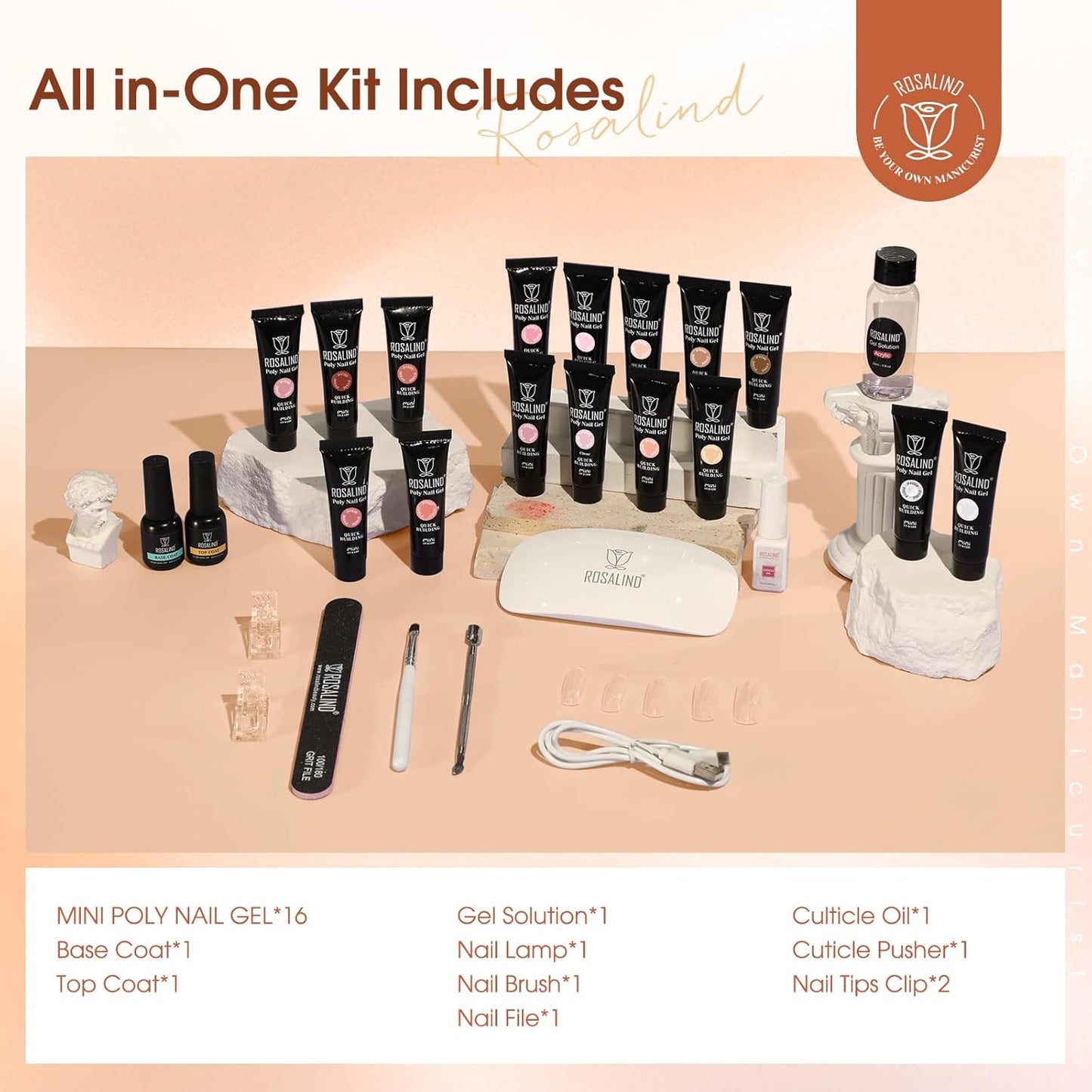 ROSALIND Poly Nail Gel Kit -16 Colors + White Brown Nail Art Accessories kit Clear Nude Poly Nails Gel Kit Starter Kit With Slip Solution Nude Pink Nail Extensions Gel Set with Mini UV Lamp