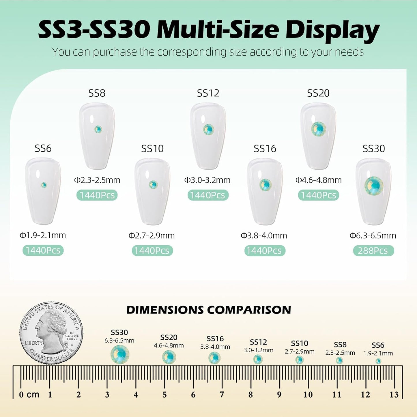 F Light Green Flatback Rhinestones, Glass Rhinestones for Nail Art and Craft, Glue Fix, Loose Crystal Gemstones(F Light Green, SS10, 1440pcs, 2.7-2.8mm)