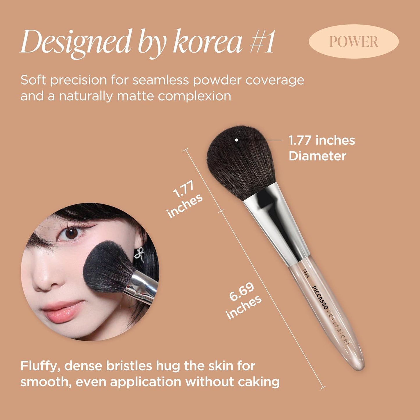 Piccasso COLLEZIONI 103A Powder Brush – Soft Makeup Brush for Face, Fluffy Blush and Setting Tool with Goat Hair Blend, Ideal for Powder Application, Shading, and Natural Finish, Professional Korean