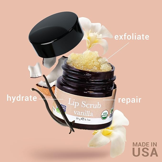 Organic Lip Scrub Vanilla - USA Made Exfoliating Lip Scrub with Natural & Organic Ingredients, Moisturizing Lip Exfoliator Scrub for Dry Lips, Lip Scrubber Exfoliator & Sugar Scrub for Smooth Lips
