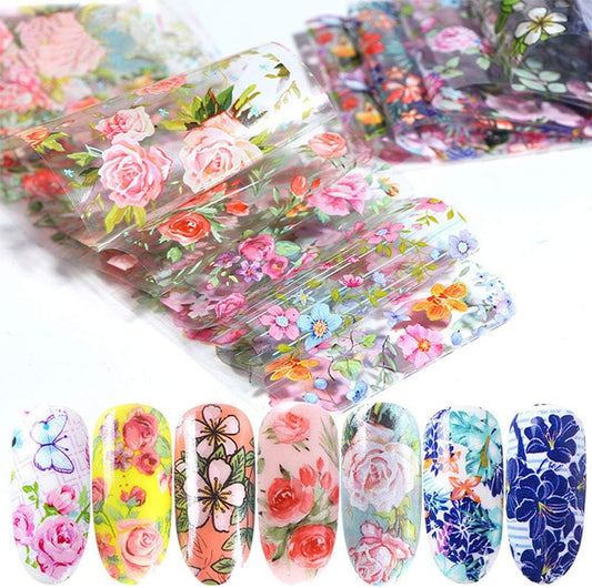 10 Sheets Flower Nail Transfer Foils Holographic Nail Foil Colorful Flower Stickers for Nails Decoration Starry Sky Manicure Transfer Tips Butterflies Nail Art DIY for Women Girls